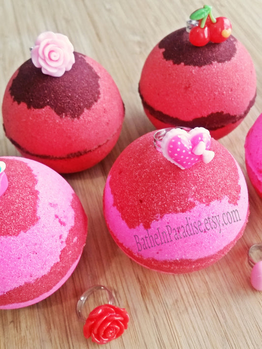Ring Bath Bomb (1) | Children's Size Ring | Surprise Toy Ring Inside Fizzy | Cherry Scent