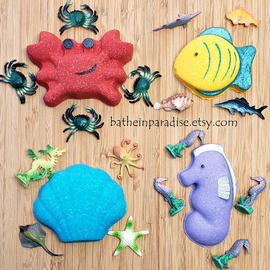 Toy Inside! Sea Animal Bath Bombs | Fishy Friend Crab Seahorse Seashell | Surprise Toy Inside | Bath Bombs for Kids